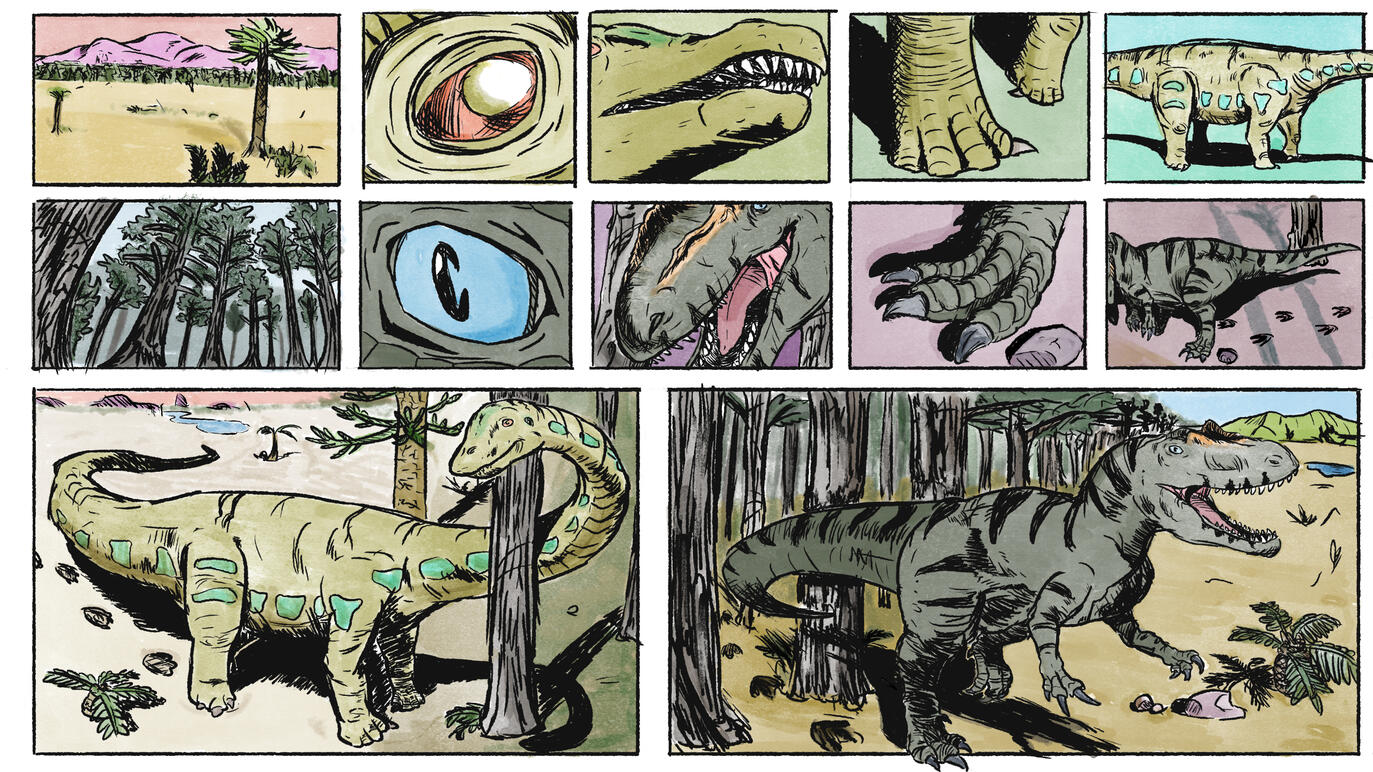 Contrasting Dinosaurs Allosaurus & Diplodocus in Calvin & Hobbes artstyle